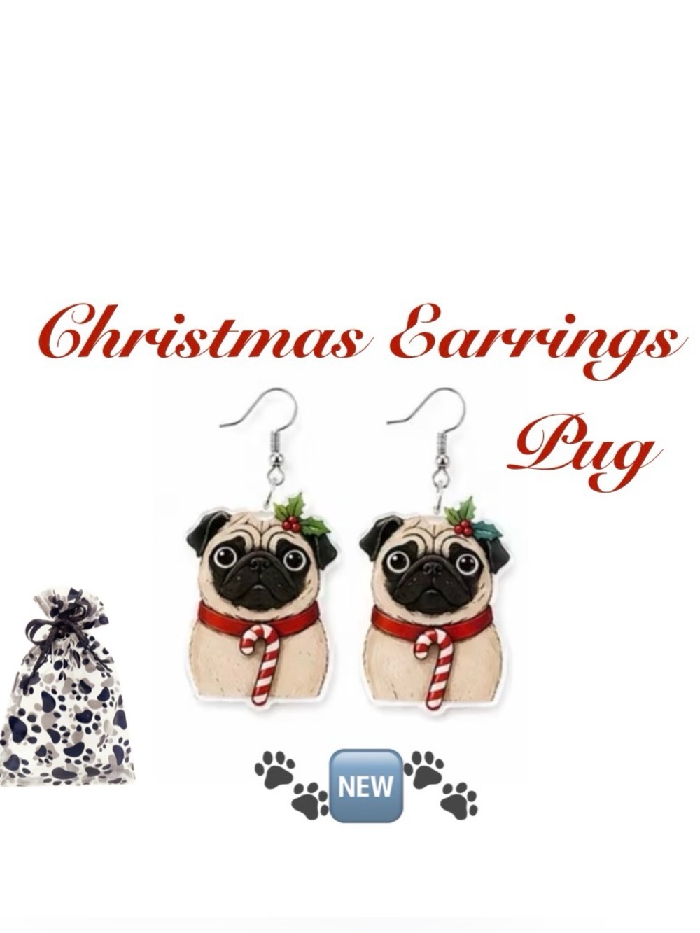 Pug Holiday Dog Earrings w/Paw Print Bag 🐾🆕🐾 Festive Design